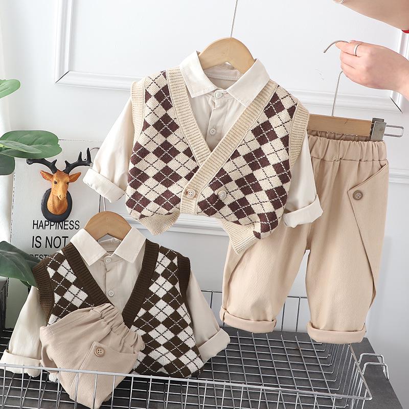 

Spring 2023 Boys Casual Three-Piece Set: Sweater Vest, Cardigan, and Lapel Shirt. 80 cm