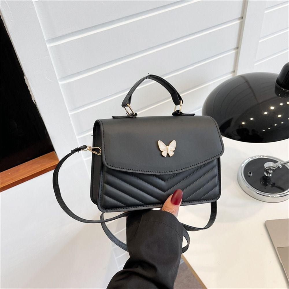 Women Stylish Butterfly Embroidery Sling Bag Fashion PU Leather Shoulder Bag Portable Large Capacity Handbag