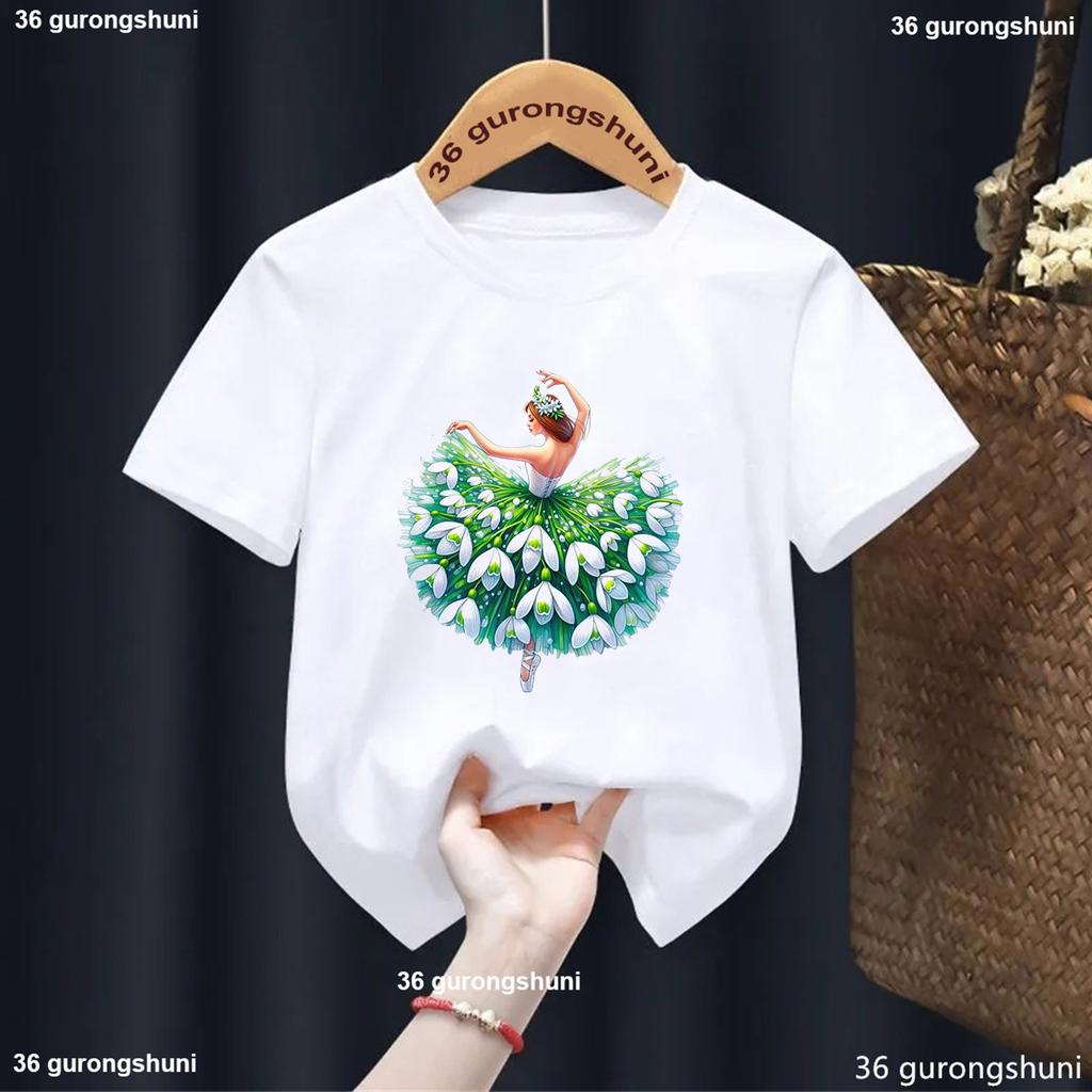 Cute Girl Ballet Dance Printed Cotton Childerns T-shirts Kawaii Girls Clothes Summer Kids Short Sleeve White Top