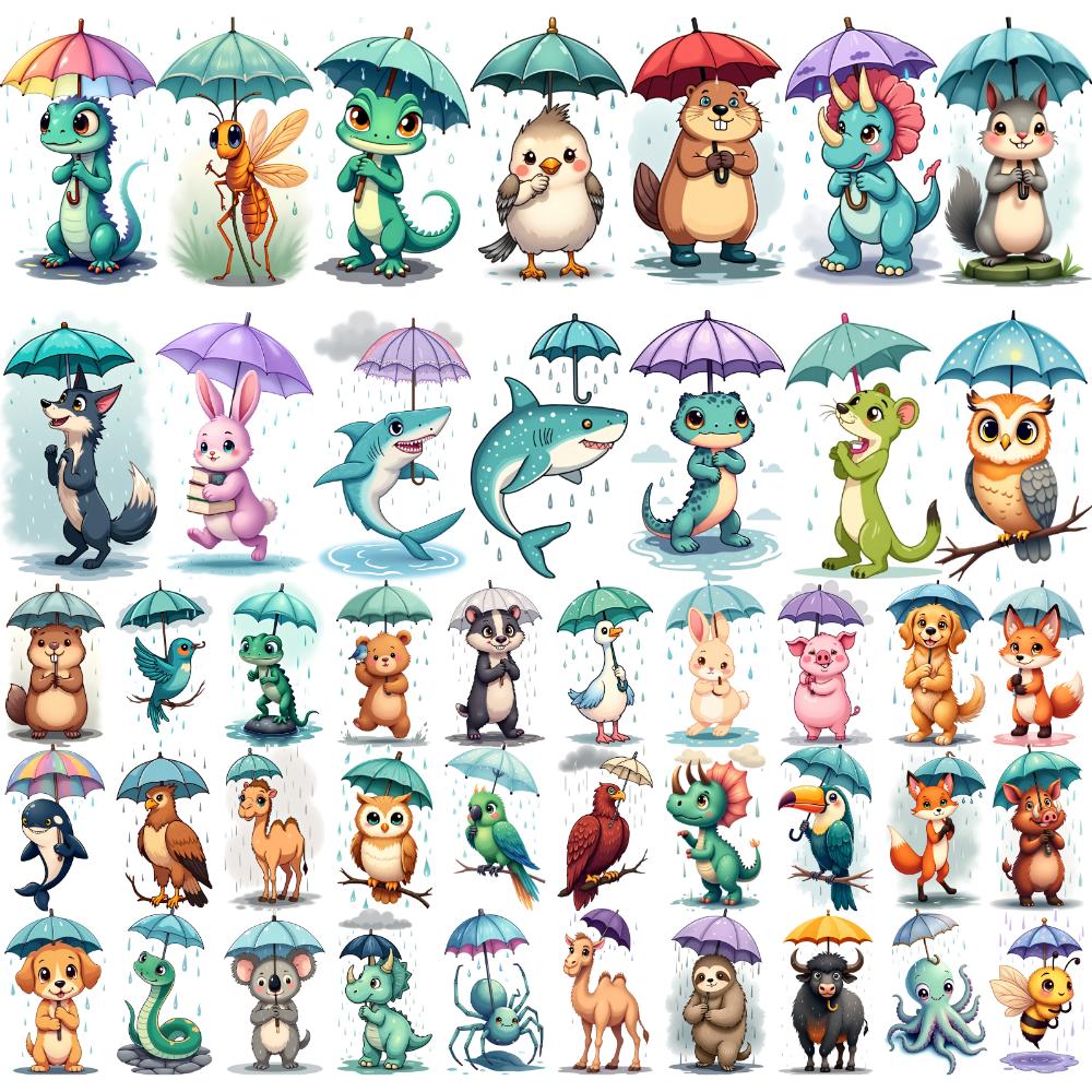 54pcs Waterproof Temporary Tattoos Kids Cute Umbrella Rain Animal Pig Fox Fake Tattoo Kawaii Body Art Arm Tattoo Stickers