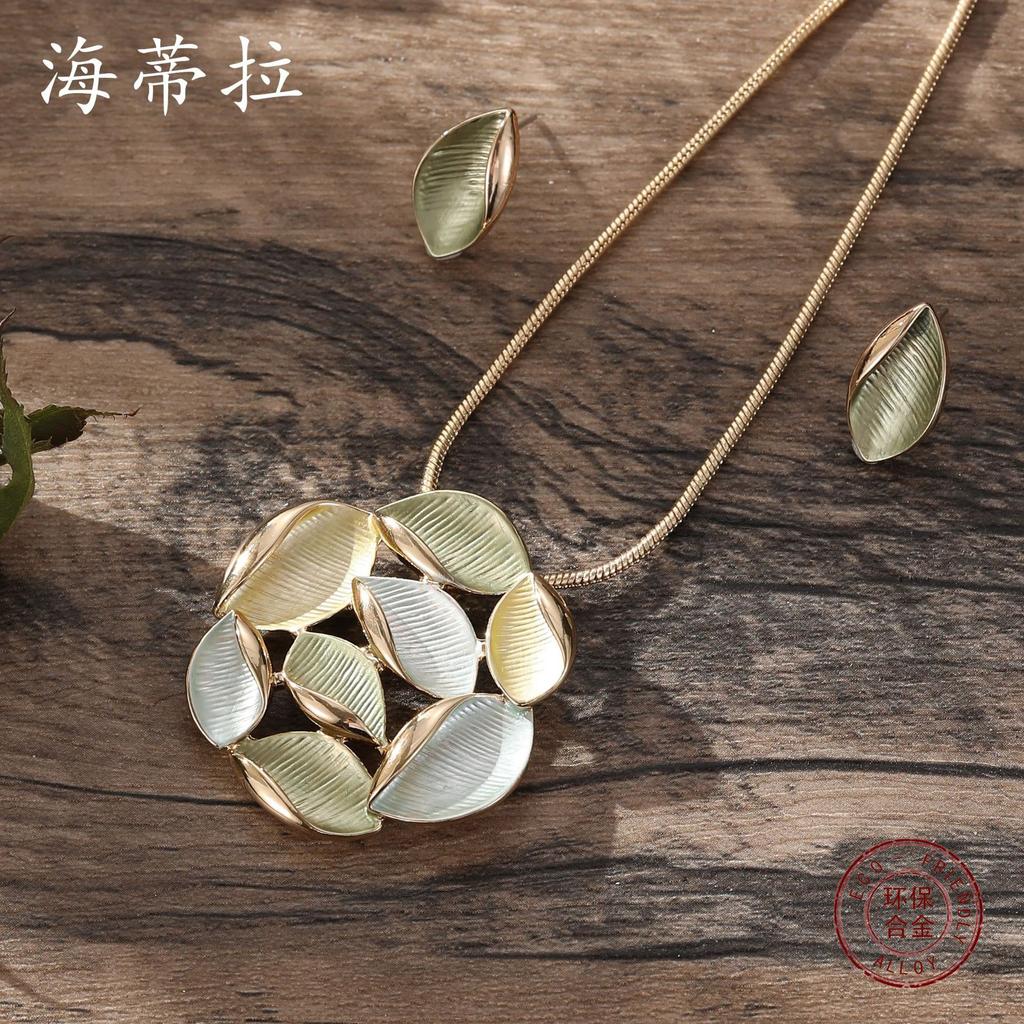 New Color Painting Oil Round Hollow Petal Stud Earrings Pendant Set Summer Versatile Women's Petal Necklace