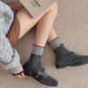Winter and Autumn Thick and Warm Grey-colored Bow-knitted Wool Socks for Women, Striped Fabric Label, Without Bones, Mid-calf Length Socks