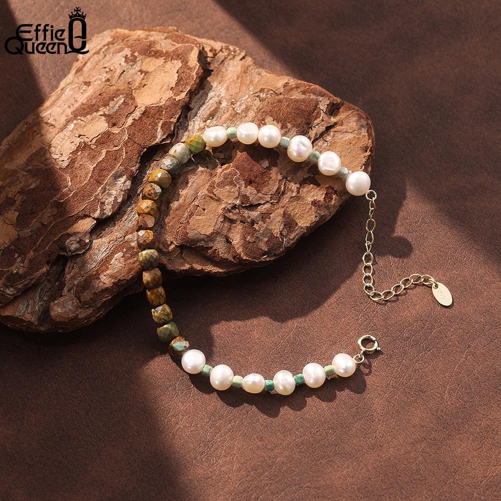 Effie Queen Genuine Natural Stone Freshwater Pearls Turquoise Beaded Bracelet Adjustable 925 Sterling Silver Jewelry Gift MPB27