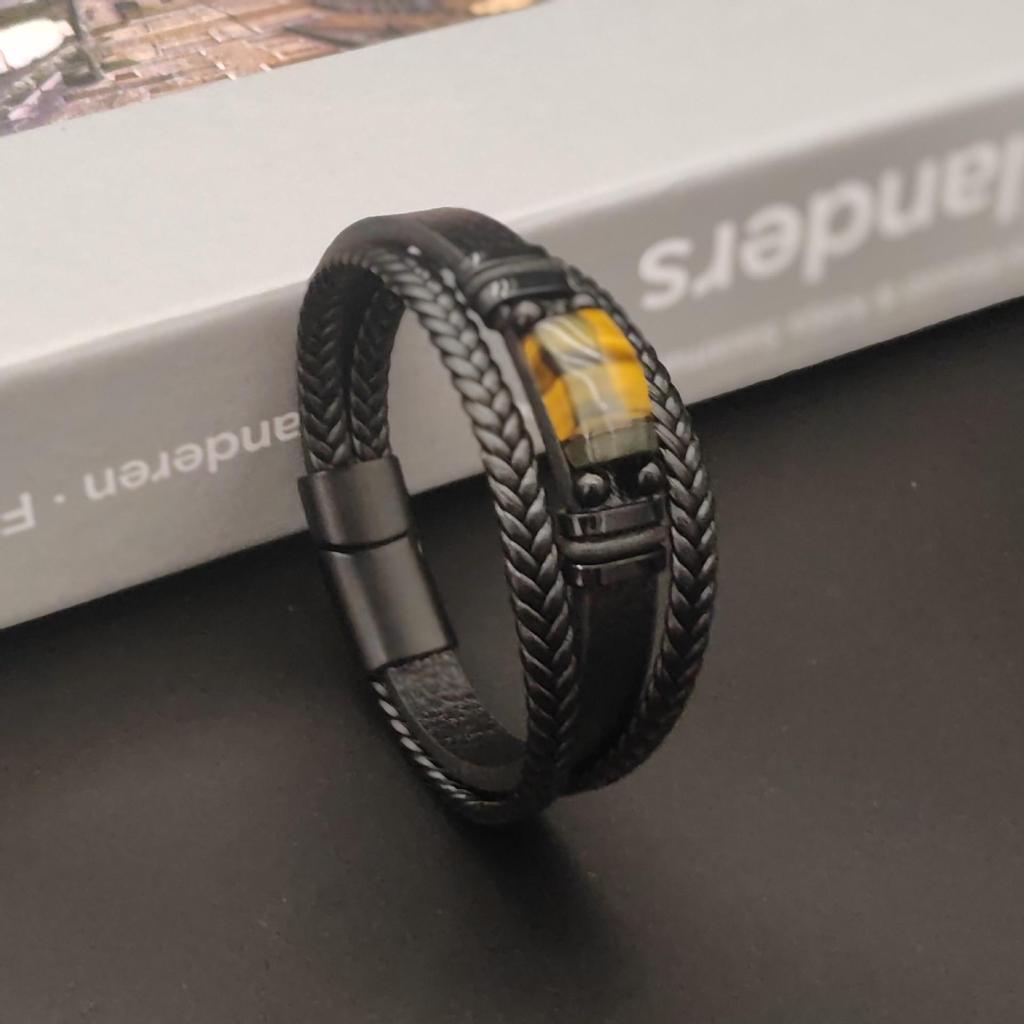 Men's Double Layer Leather Bracelet with Tiger Eye Stones