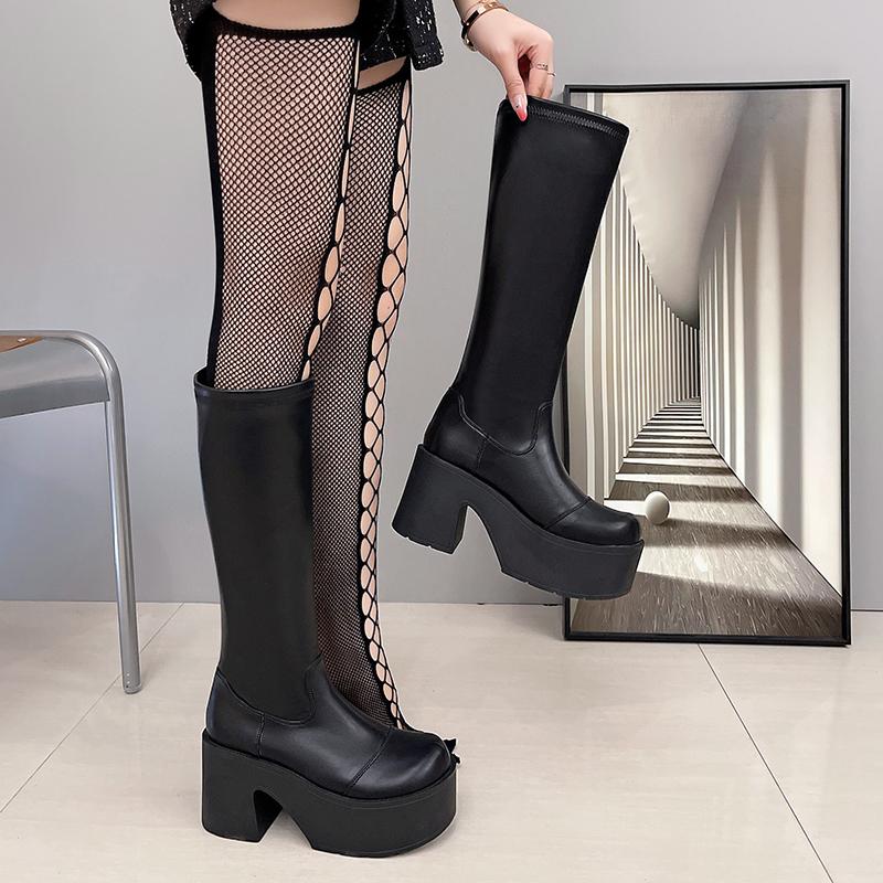 Black Thick Heels Elastic Micro Knee High Boots For Women Punk Style Autumn Winter Chunky Platform High Boots Party Shoes Ladie