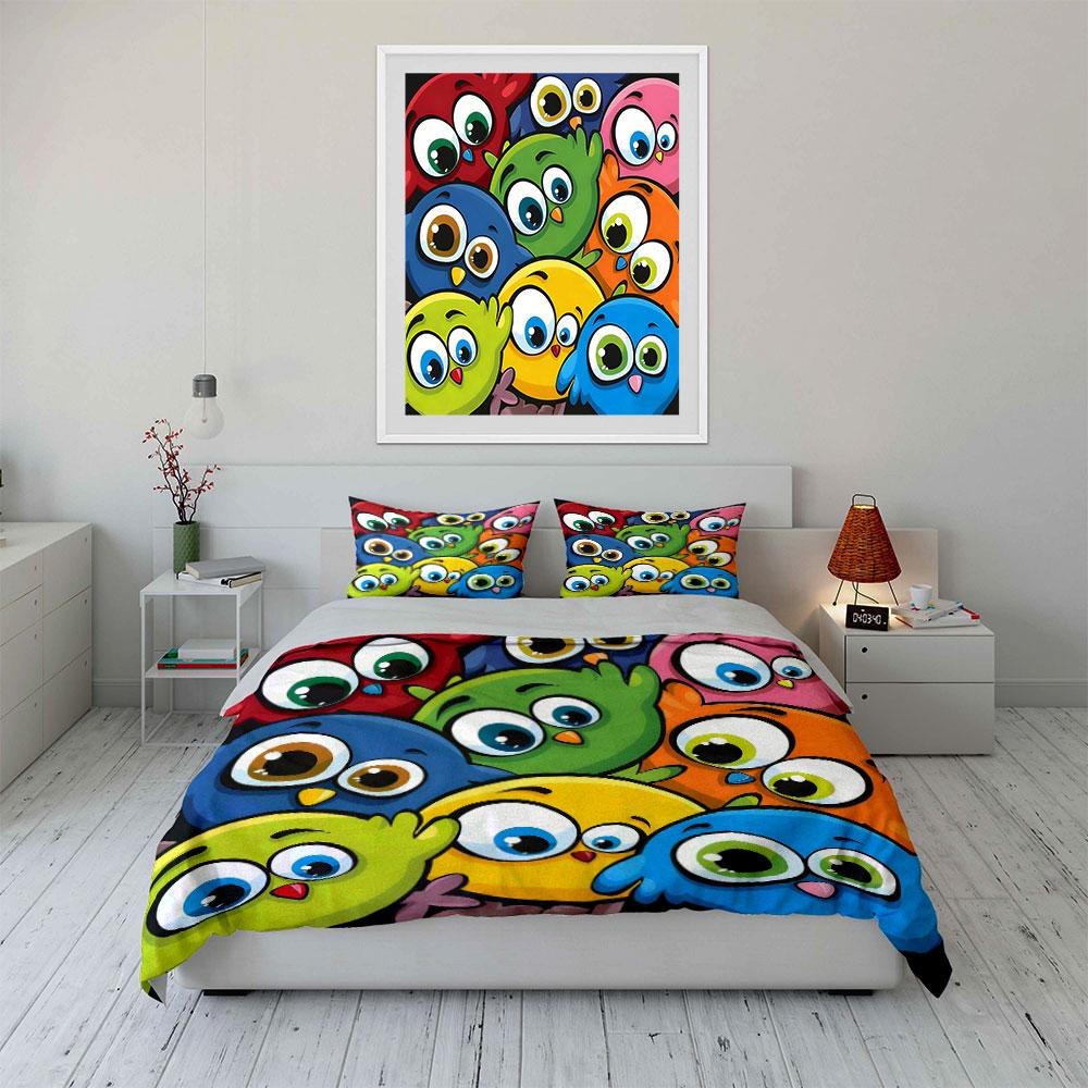 Colorful Cartoon Birds Set Decorations Multiple Sizes Kid'S And Adults' Bedroom Exquisite 3Pc Bedding Set, Gift