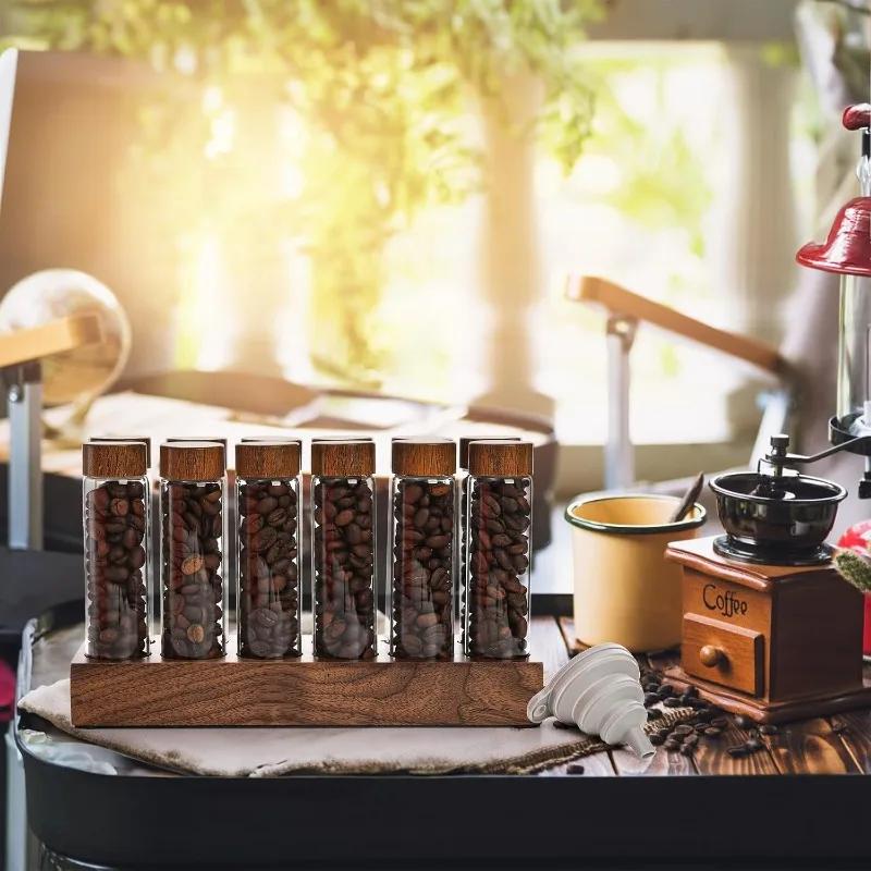 Coffee Bean Storage Tubes with Wooden Stand and Lids, Dosing Glass Vials for Coffee Storage, Espresso Bean Canisters Cellars Set