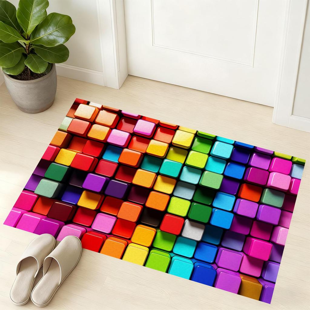 Rainbow Cube Area Rug, 3D Colorful Square Block Print, Non-Slip Washable Mat for Living Room Sofa Dining Room Indoor Decor