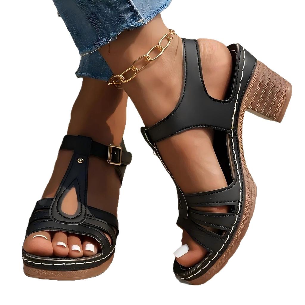 European and American sandals women's summer new Korean version fish mouth thick heel buckle high heel sandals foreign trade spot