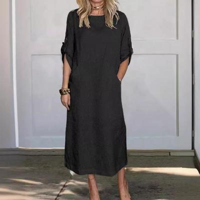 Casual Loose Short Sleeve Dress Solid Color Cotton Linen European American Cross Border Fashion Summer