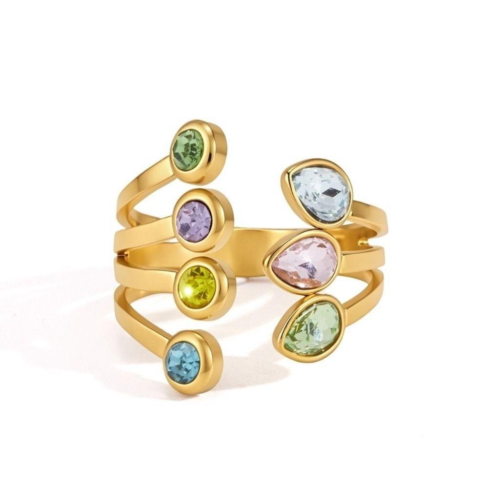 Colorful Crystal Geometric Crystal Ring Stainless Steel Finger Ring New Open Ring for Women