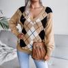 New Diamond Checkered Casual Versatile V-neck Sweater for Girls