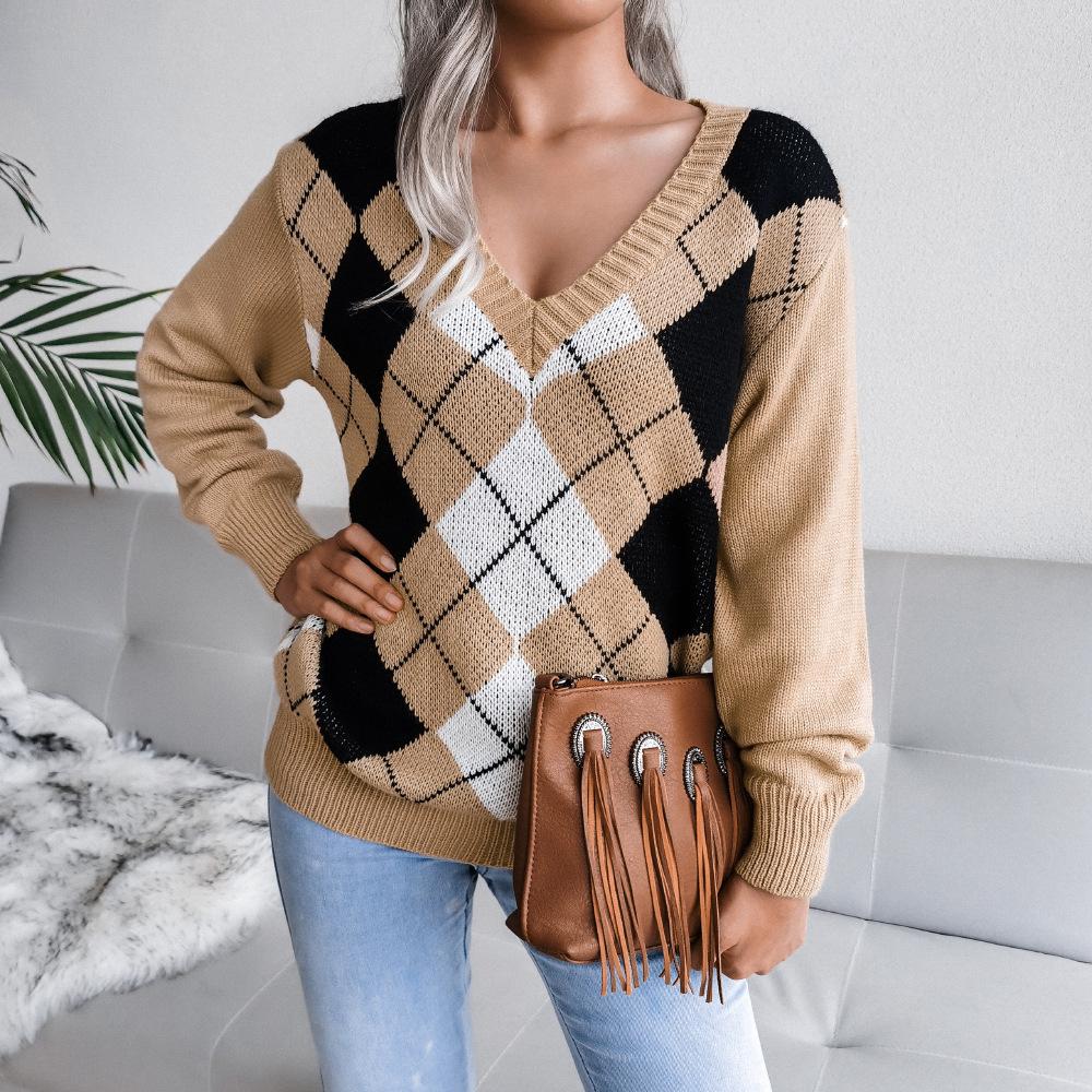 New Diamond Checkered Casual Versatile V-neck Sweater for Girls