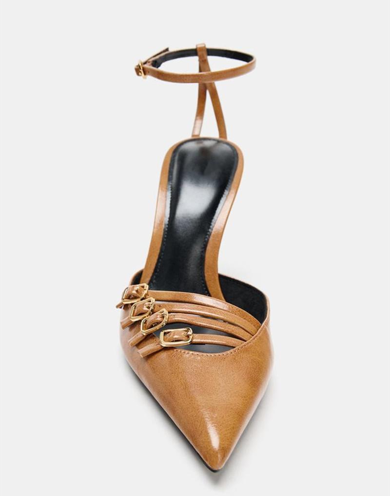 Scarpe Décolleté Marroni con Fibbia a Fascia Stretta Decorate Donna Moda Punta Acuta Cinturino alla Caviglia Tacco Sottile Scarpe di Designer Eleganti Scarpe da Sera