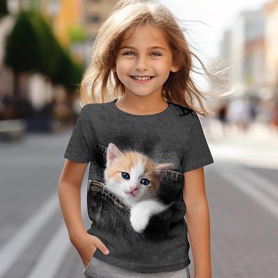 Sommer Sport Mode Kinder Cartoon Katze 3D Druck Rundhals Kurzarm T-Shirts Mädchen