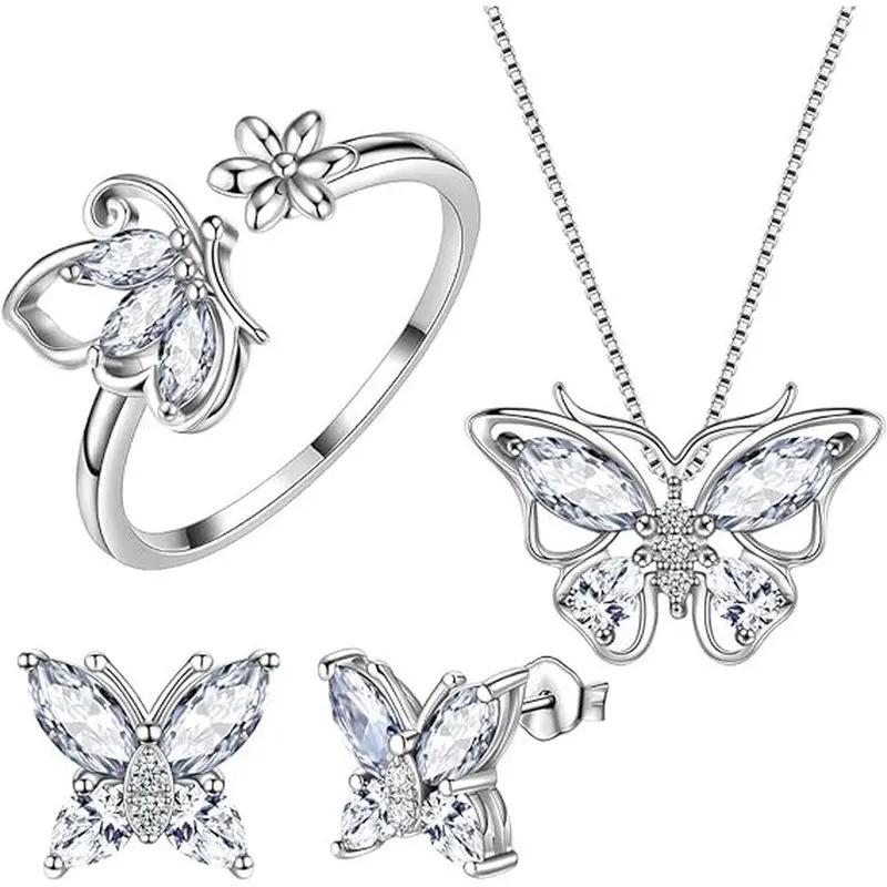 Butterfly Pendant Jewelry Set: Ring, Earring, Necklace & Clavicle Chain for Women