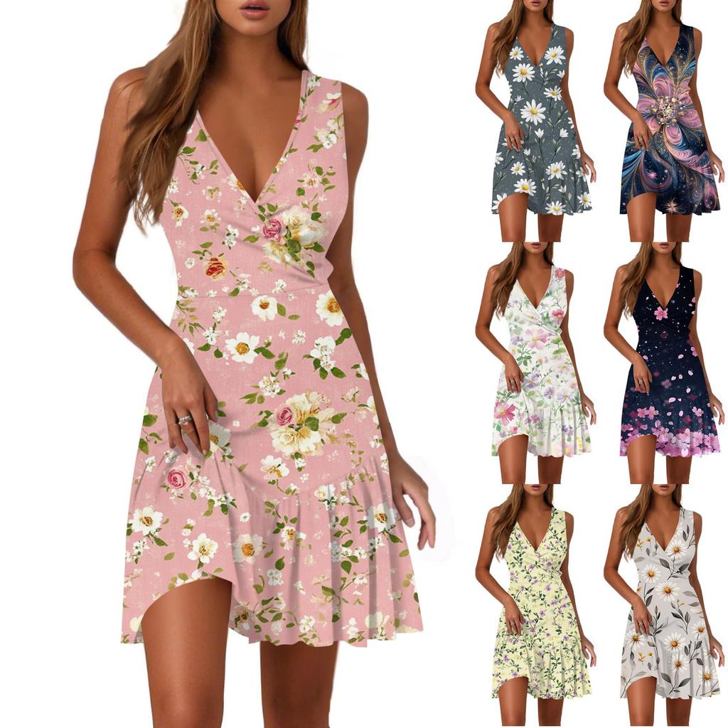 Dámské ležérní módní šaty s výstřihem do V, bez rukávů a s potiskem