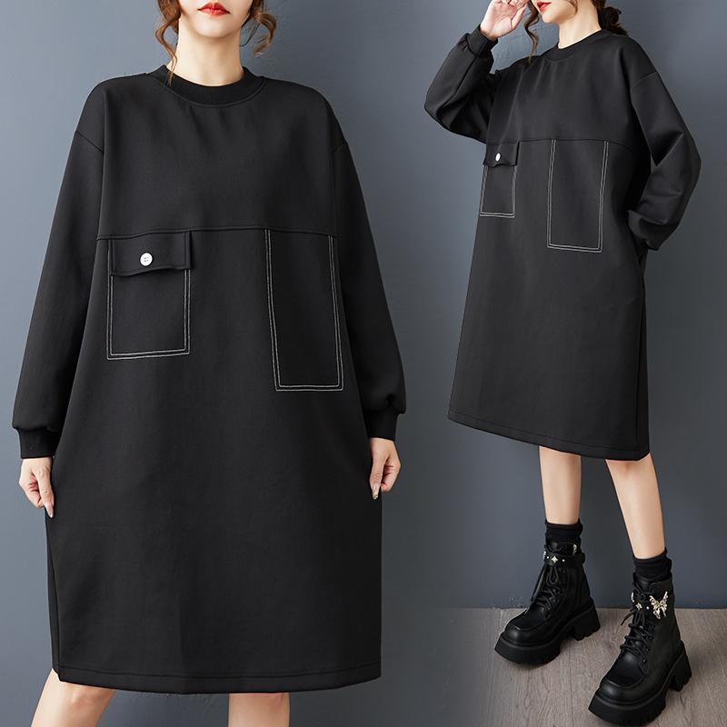 DIMANAF 2025 Women Plus Size Autumn Shirt Dress Long Sleeve Loose Casual Oversize Vintage Dress Black
