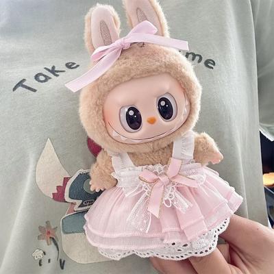 17cm Mini Plüschpuppenkleidung Outfit Accessoires Für Korea Kpop Labubu Idol Rosa helle Seidenschleife Prinzessin Gaze Rock Kleidung
