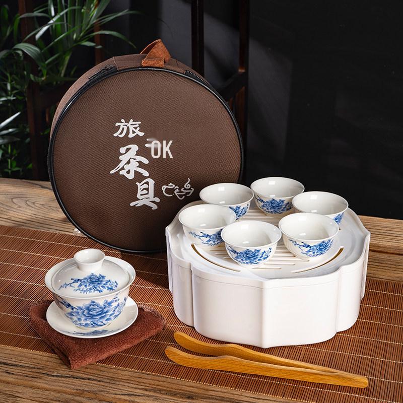 Portable Ceramic Kung Fu Tea Set with Tray, Cups, Teapot, and Lid Bowl