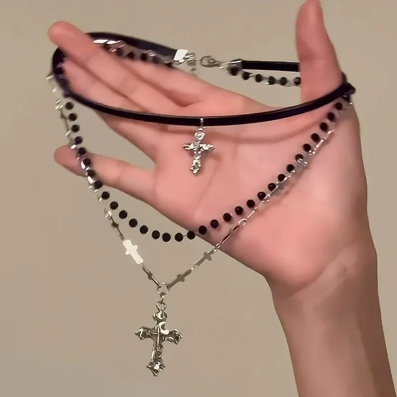 Punk Multi-Layer Cross Necklace Spicy Girl Vintage Beaded Long Cross Pendant Hip-pop Personalized Chain Long Necklace