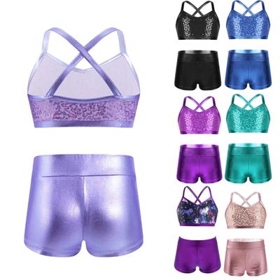 2PCS Kids Girls Tankini Outfit Shiny Sequins Tank Top with Bottoms Set Ballet Dance Gym Workout Costume