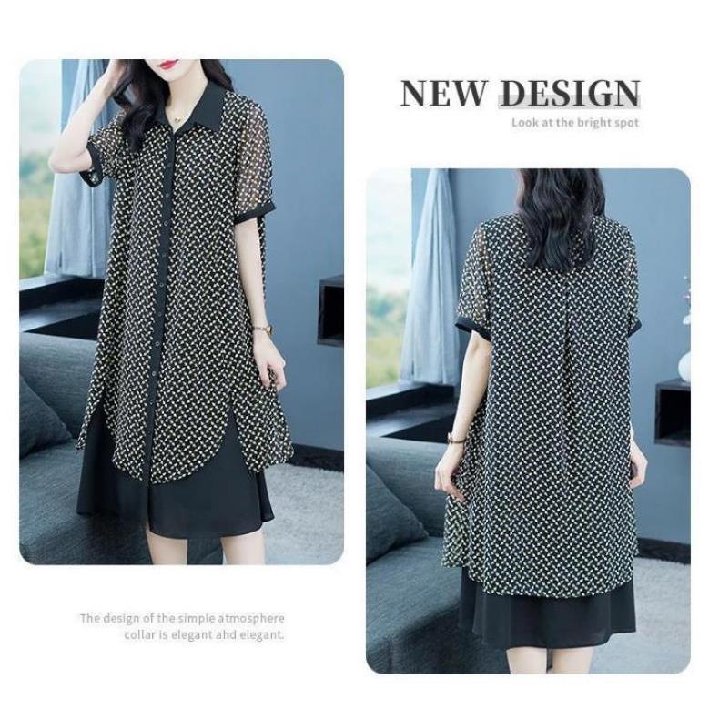 Abito Elegante di Alta Gamma Per la Mamma Completo in Chiffon Ampio Lady Nobile Collo Stile Etnico Vestito di Media Lunghezza