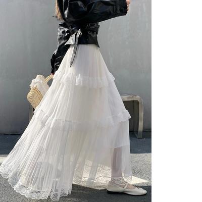Retro Sweet White Long Skirt Women Casual Loose High Waist Elegant Skirt Vintage Lace Patchwork Korean Summer Long Skirts