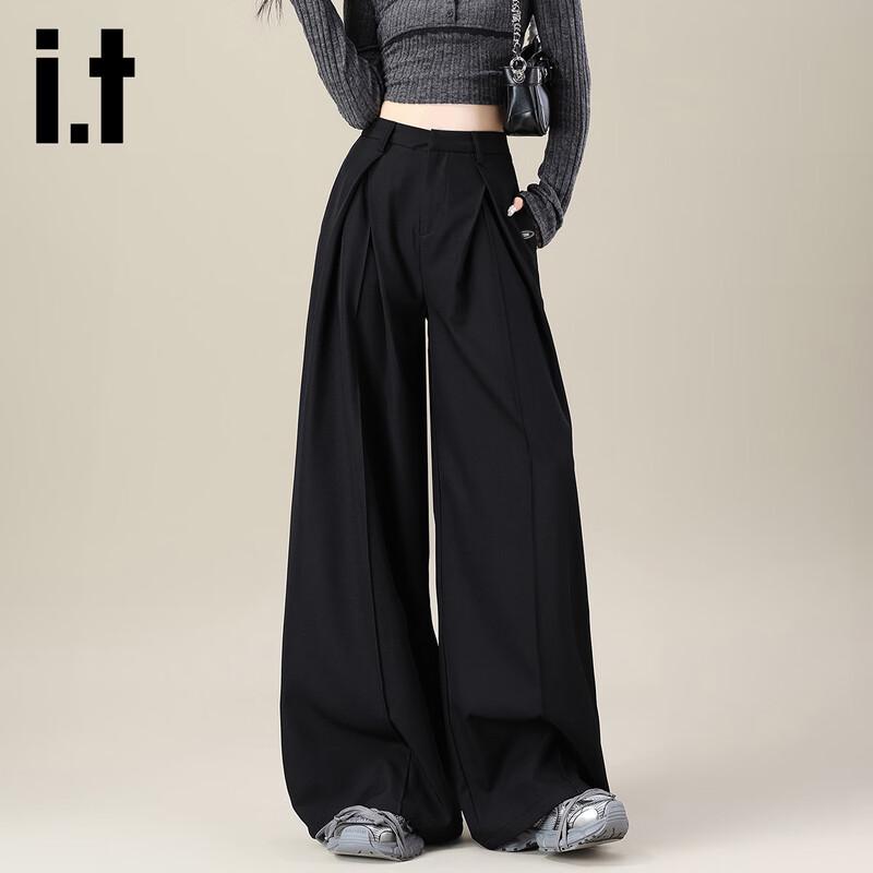 izzue it Women s Autumn/Winter Pleated High-Waist Wide-Leg Pants L