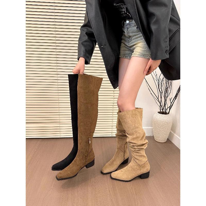 Early autumn legs fine retro two wear suede thick heel piled boots women's autumn and winter advanced sense thin knee boots
