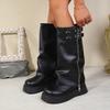 Arrival Fashionable Wide-Leg Knight Long Boots With Inner Elevator & Thick Sole, Side Zipper, Belt Buckle And Slouchy Design