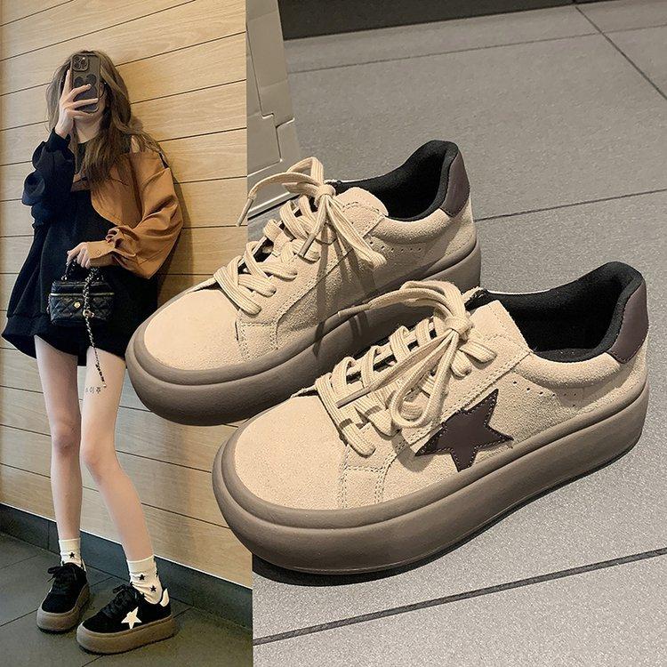 Thick-soled Matte Leather Star Shoes Women's 2025 New Autumn and Winter Versatile Sports and Leisure Shoes Heightening Lace-up Breadboard Shoes