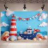 2D Ocean Adventure Background, Cartoon Lighthouse & Boat Themed Party Backdrop