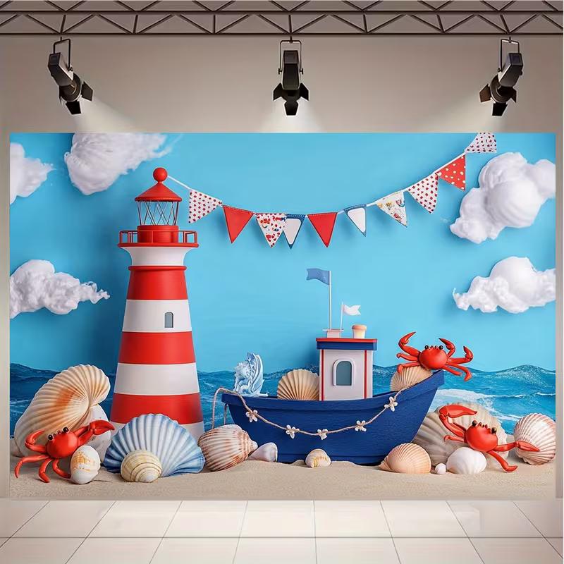 2D Ocean Adventure Background, Cartoon Lighthouse & Boat Themed Party Backdrop