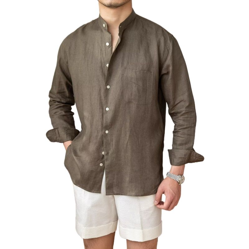 Commuter Young Casual Breathable Pure Linen Long sleeve Shirts All-Match Vacation Stand Collar Shirt Men's Henry Collar Top