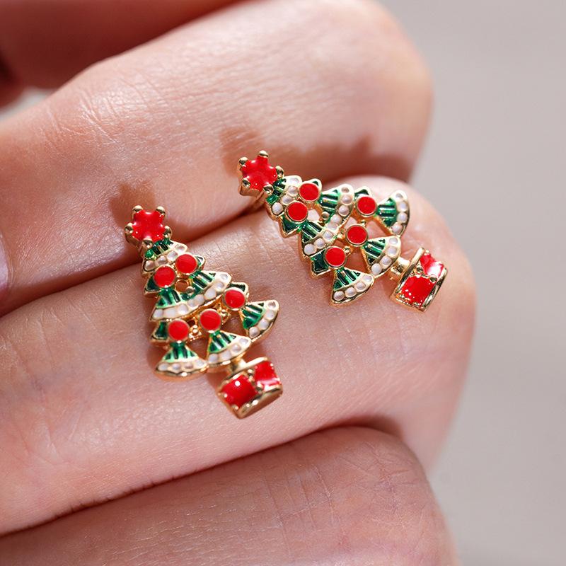 Design Sense Christmas Tree Stud Earrings Female, Colorful Painting Oil Christmas Wind Jewelry, Holiday Manufacturers Wholesale Elegant Wind