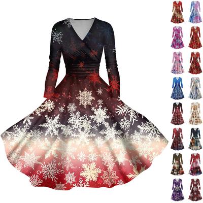 Women's Casual Fashion Christmas Printed Long Sleeve V-Neck Sexy Pocket Dresses