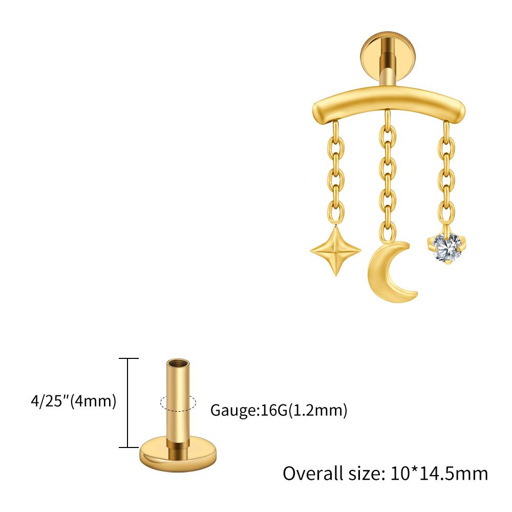 Right Grand ASTM F136 Titanium Hidden Helix Chain Earring 16G Dainty Star Moon CZ Dangle Cartilage Stud Piercing Jewelry
