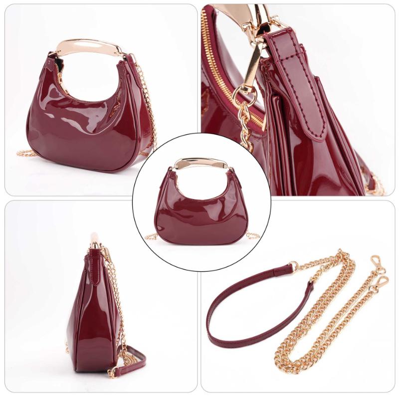 Retro Red Patent Leather Shoulder Bag Women's Metal-handled Handbag Designer Crescent-shaped Bag New Stylish Chain Crossbody Bag