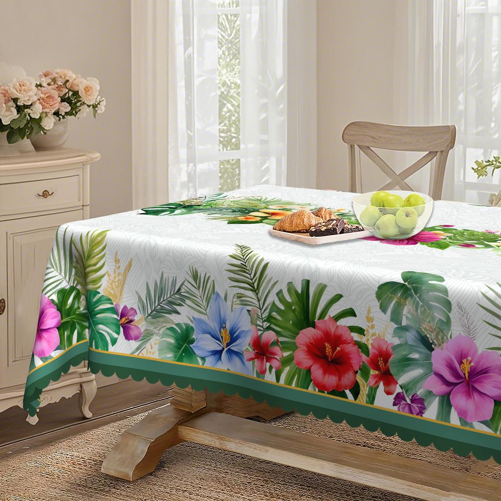 Round Polyester Dining Table Cloth, Tropical Plants, Green Leaves + Colorful Flowers, Long Household Dining Table Cloth