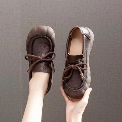 Pantofi Plati Pantofi Mici din Piele Femei 2026 Noi Retro cu Șireturi Cap Mare Casual Pantofi cu Talpă Joasă Pantofi cu Toc Adânc din Piele Femei