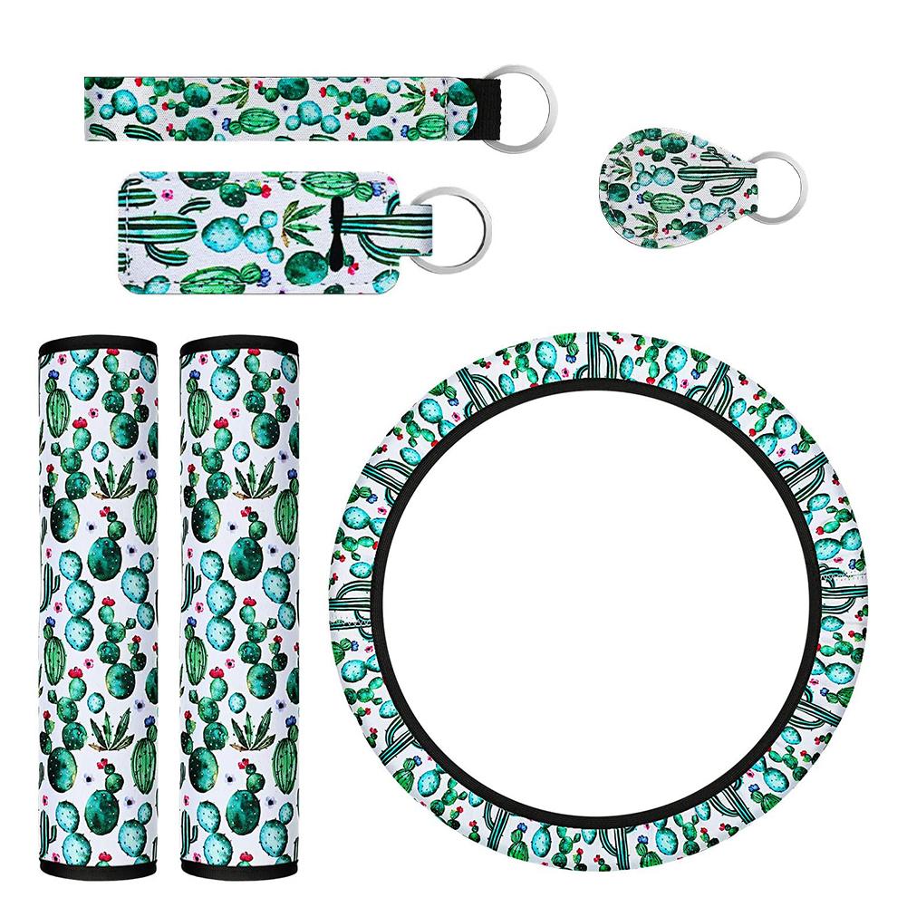 

6PCS Set Cactus Steering Wheel Cover Car Cactus Pattern Rubber Keychain Seat Belt Shoulder Guard Interior Key Ring Accessories 3 зелёный