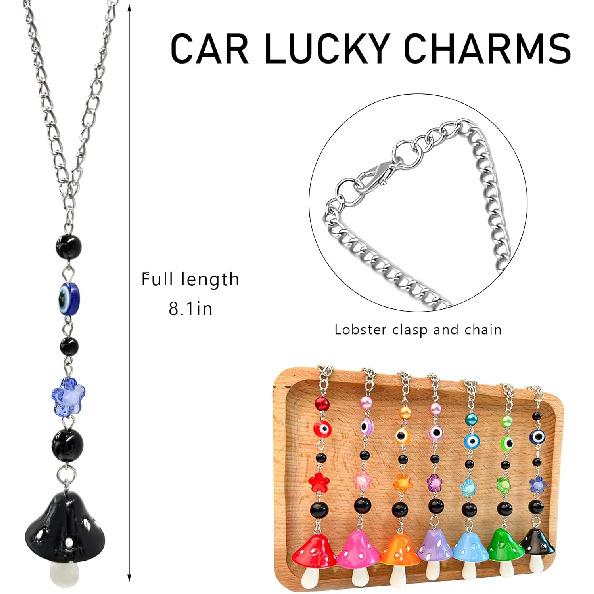 Car Rearview Mirror Mushroom Charm, Car Hanging Ornament Resin Mushroom Pendant for Women Girls, Lucky Mushroom Beaded Decor Universal Rear View