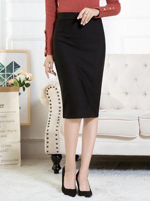 High Waist Black Bodycon Midi Skirt with Slit - Perfect for Work and Commute