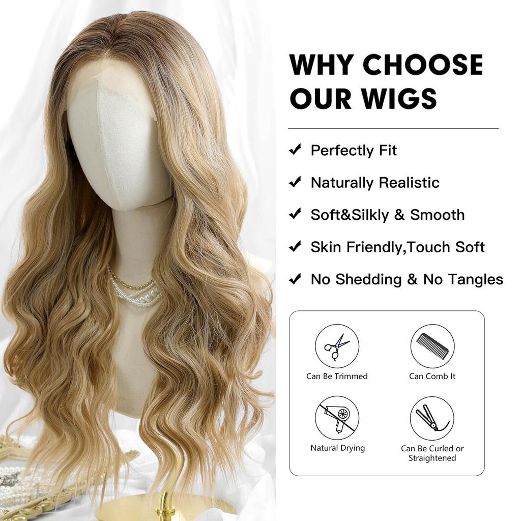 ALAN EATON Syntetická dámská krajková paruka 13x4 Dlouhé vlnité paruky Blond barva Denní párty Vlasy s vysokou hustotou odolné vůči teplu