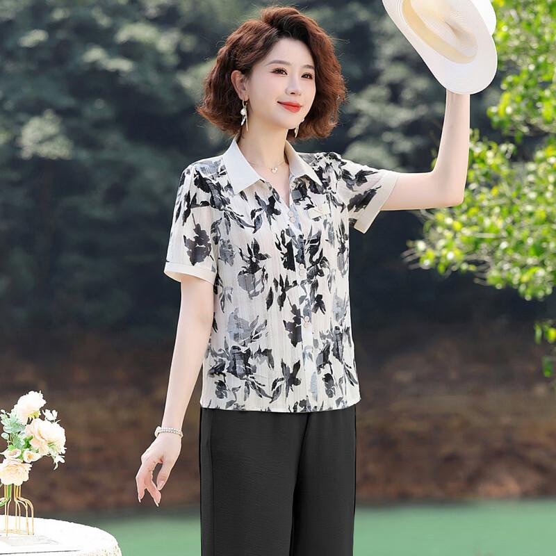 Women s Elegant Floral Short Sleeve Chiffon Blouse 4XL