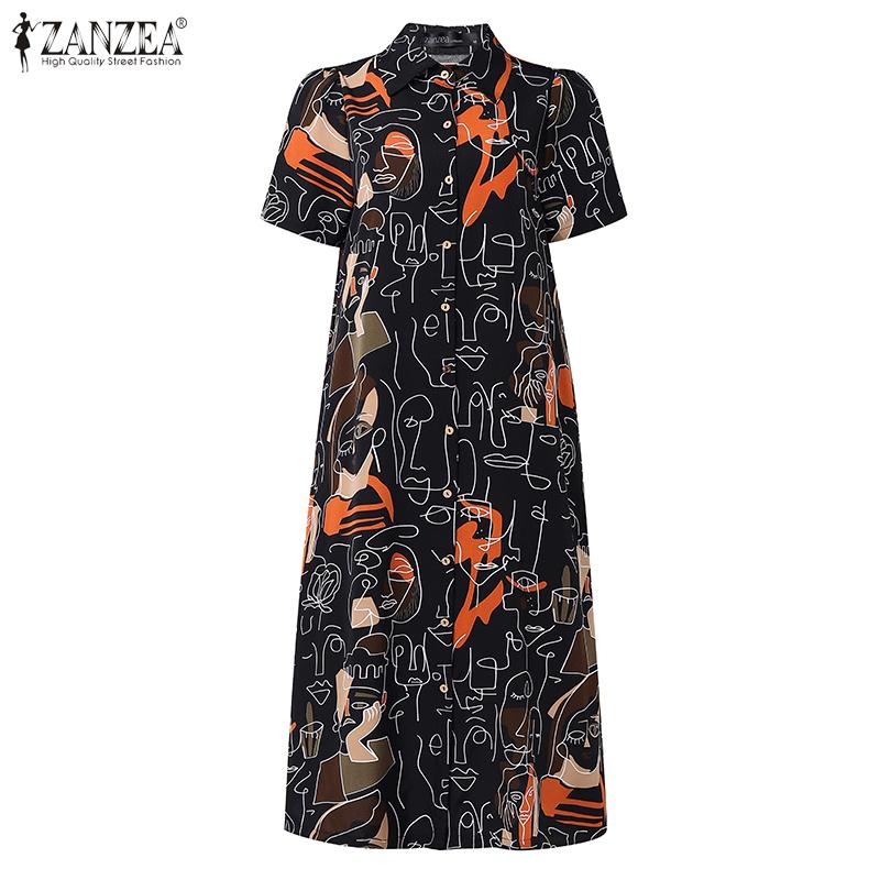 ZANZEA Women Casual Turn Down Collar Short Sleeve Print Dress