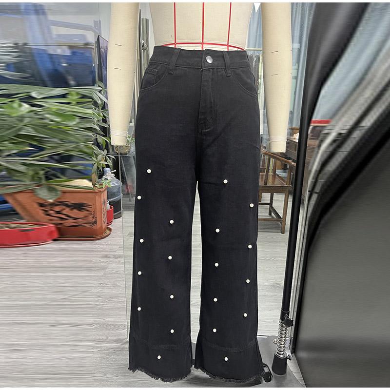 Jeans Women Pearls Wide Leg Pants High Waist Washed Distressed Tassels Spliced Pockets Vintage Denims 2025 Streetwear Trousers