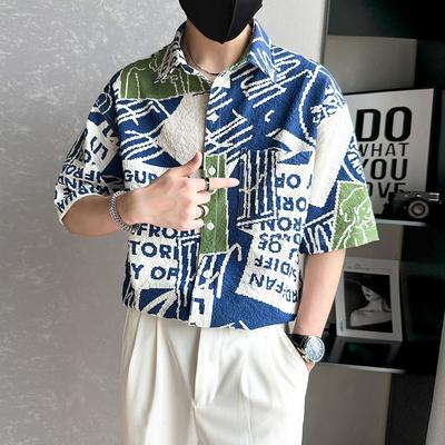 Men Clothing Summer Trendy Print Lapel Pocket Button Down Shirt Casual Streetwear Short Sleeve Loose Chic Tops Camisas De Hombre