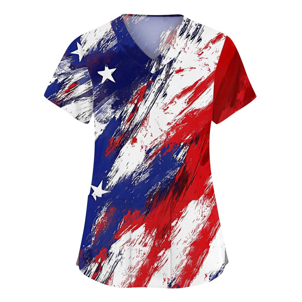 Ropa de trabajo de manga corta con cuello en V a la moda para mujer con bolsillos Tops estampados